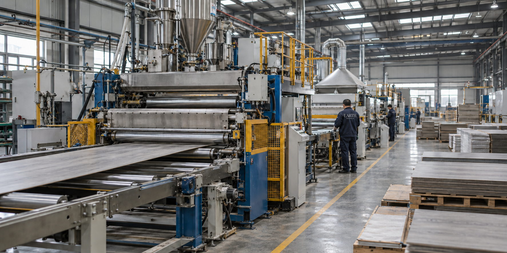 Ricostruzione illustrativa generata con IA di una linea industriale per pavimenti; non rappresenta lo stabilimento EARTH MATERIA